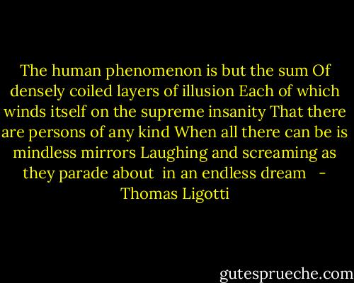 The human phenomenon is but the sum<br />Of densely coiled layers of illusion<br />Each of which winds itself on the supreme insanity<br />That there are persons of any kind<br />When all there can be is mindless mirrors<br />Laughing and screaming as they parade about <br />in an endless dream <br /> - Thomas Ligotti