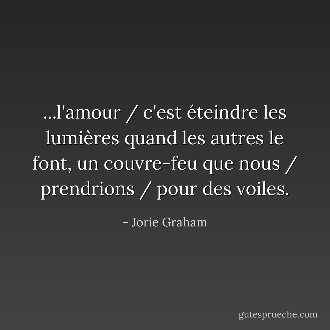 ...l'amour / c'est éteindre les lumières quand les autres le font, un couvre-feu que nous / prendrions / pour des voiles. - Jorie Graham