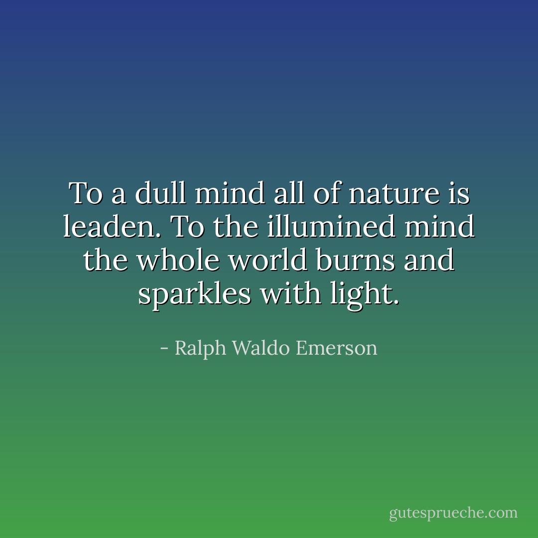 To a dull mind all of nature is leaden. To the illumined mind the whole world burns and sparkles with light. - Ralph Waldo Emerson