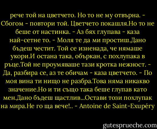 рече той на цветчето.<br />Но то не му отвърна.<br />- Сбогом - повтори той.<br />Цветчето покашля.Но то не беше от настинка.<br />- Аз бях глупава - каза най-сетне то. - Моля те да ми простиш.Дано бъдеш честит.<br />Той се изненада, че нямаше укори.И остана така, объркан, с похлупака в ръце.Той не проумяваше тази кротка нежност.<br />- Да, разбира се, аз те обичам - каза цветчето. - По моя вина ти нищо не разбра.Това няма никакво значение.Но и ти също така беше глупав като мен.Дано бъдеш щастлив...Остави този похлупак на мира.Не го ща вече!.. - Antoine de Saint-Exupéry