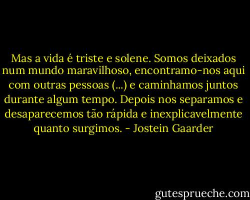 Mas a vida é triste e solene. Somos deixados num mundo maravilhoso, encontramo-nos aqui com outras pessoas (...) e caminhamos juntos durante algum tempo. Depois nos separamos e desaparecemos tão rápida e inexplicavelmente quanto surgimos. - Jostein Gaarder