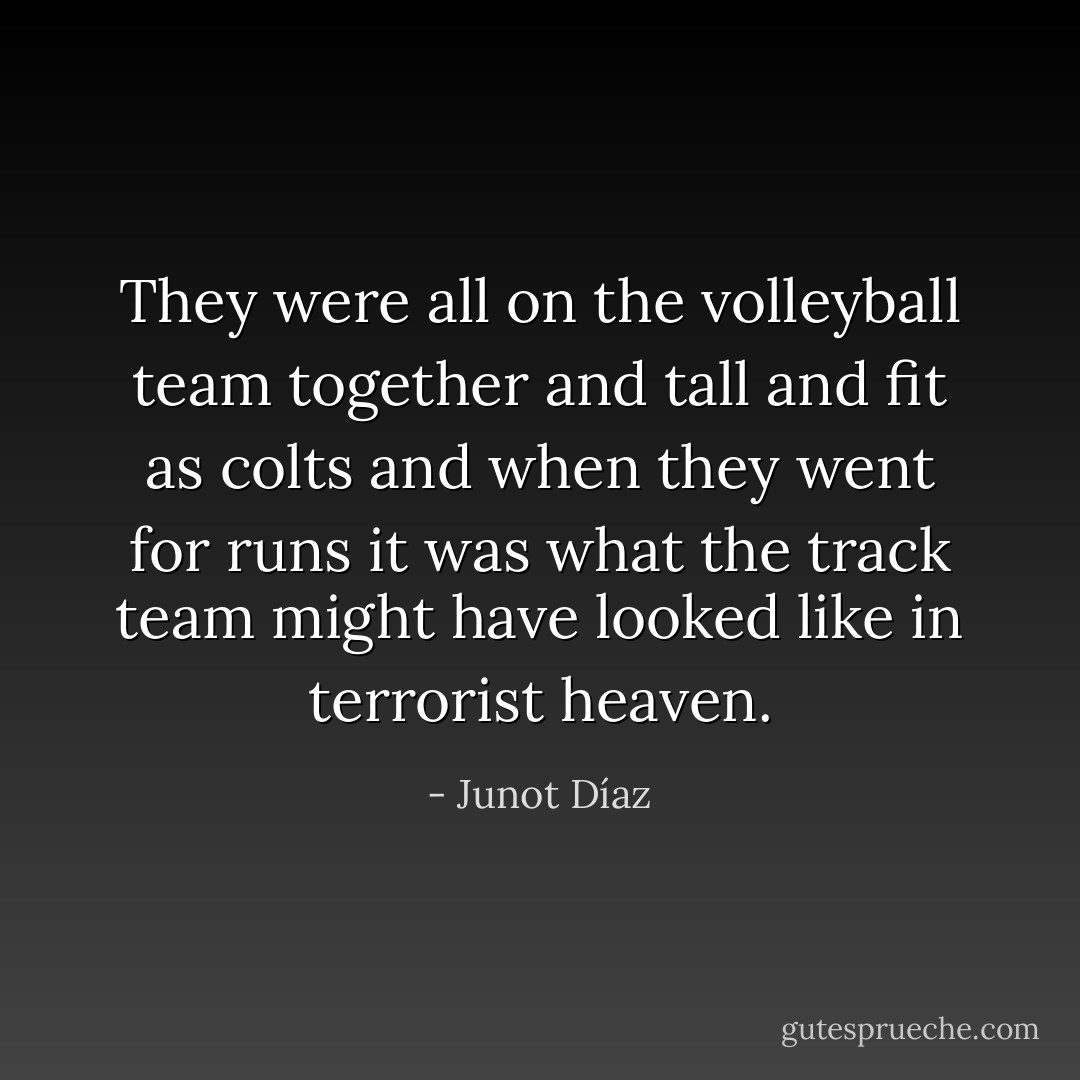 They were all on the volleyball team together and tall and fit as colts and when they went for runs it was what the track team might have looked like in terrorist heaven. - Junot Díaz