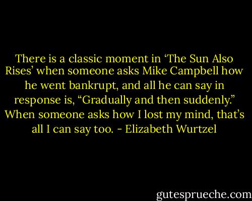 There is a classic moment in ‘The Sun Also Rises’ when someone asks Mike Campbell how he went bankrupt, and all he can say in response is, “Gradually and then suddenly.” When someone asks how I lost my mind, that’s all I can say too. - Elizabeth Wurtzel