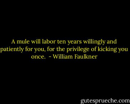 A mule will labor ten years willingly and patiently for you, for the privilege of kicking you once.  - William Faulkner