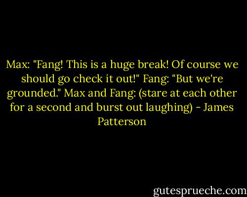 Max: "Fang! This is a huge break! Of course we should go check it out!"<br />Fang: "But we're grounded."<br />Max and Fang: (stare at each other for a second and burst out laughing) - James Patterson