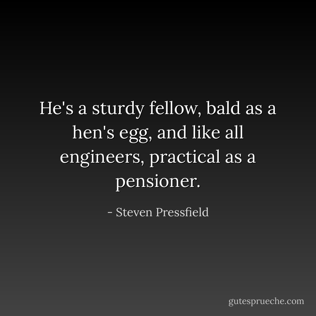 He's a sturdy fellow, bald as a hen's egg, and like all engineers, practical as a pensioner. - Steven Pressfield