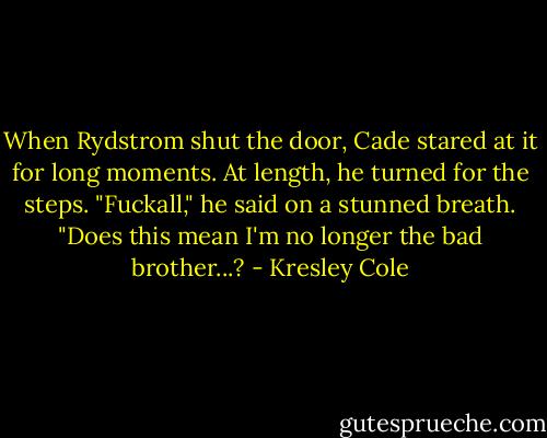 When Rydstrom shut the door, Cade stared at it for long moments.<br />At length, he turned for the steps. "Fuckall," he said on a stunned breath. "Does this mean I'm no longer the bad brother...? - Kresley Cole