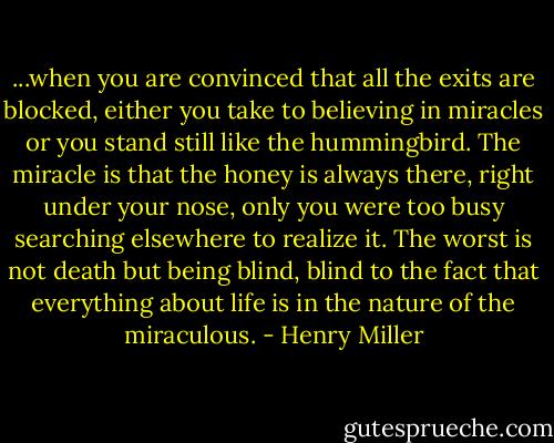 ...when you are convinced that all the exits are blocked, either you take to believing in miracles or you stand still like the hummingbird. The miracle is that the honey is always there, right under your nose, only you were too busy searching elsewhere to realize it. The worst is not death but being blind, blind to the fact that everything about life is in the nature of the miraculous. - Henry Miller