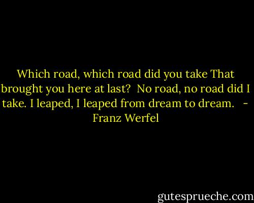 Which road, which road did you take<br />That brought you here at last?<br /><br />No road, no road did I take.<br />I leaped, I leaped from dream to dream.<br /><br /> - Franz Werfel