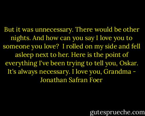 But it was unnecessary.<br />There would be other nights.<br />And how can you say I love you to someone you love? <br />I rolled on my side and fell asleep next to her.<br />Here is the point of everything I've been trying to tell you, Oskar.<br />It's always necessary.<br />I love you,<br />Grandma - Jonathan Safran Foer
