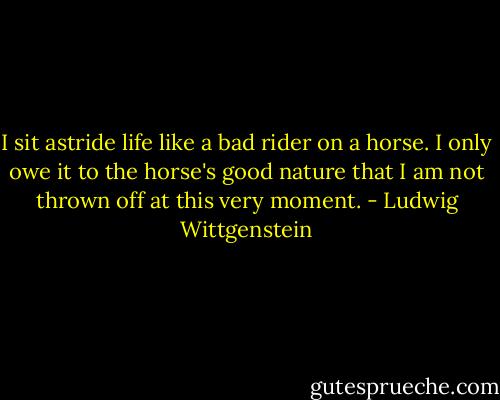 I sit astride life like a bad rider on a horse. I only owe it to the horse's good nature that I am not thrown off at this very moment. - Ludwig Wittgenstein