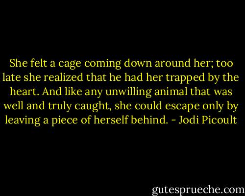She felt a cage coming down around her; too late she realized that he had her trapped by the heart. And like any unwilling animal that was well and truly caught, she could escape only by leaving a piece of herself behind. - Jodi Picoult
