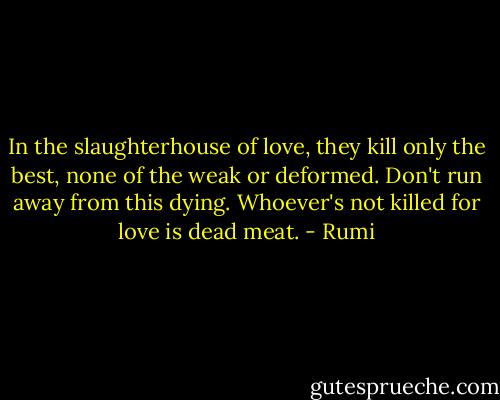 In the slaughterhouse of love, they kill only the best, none of the weak or deformed. Don't run away from this dying. Whoever's not killed for love is dead meat. - Rumi