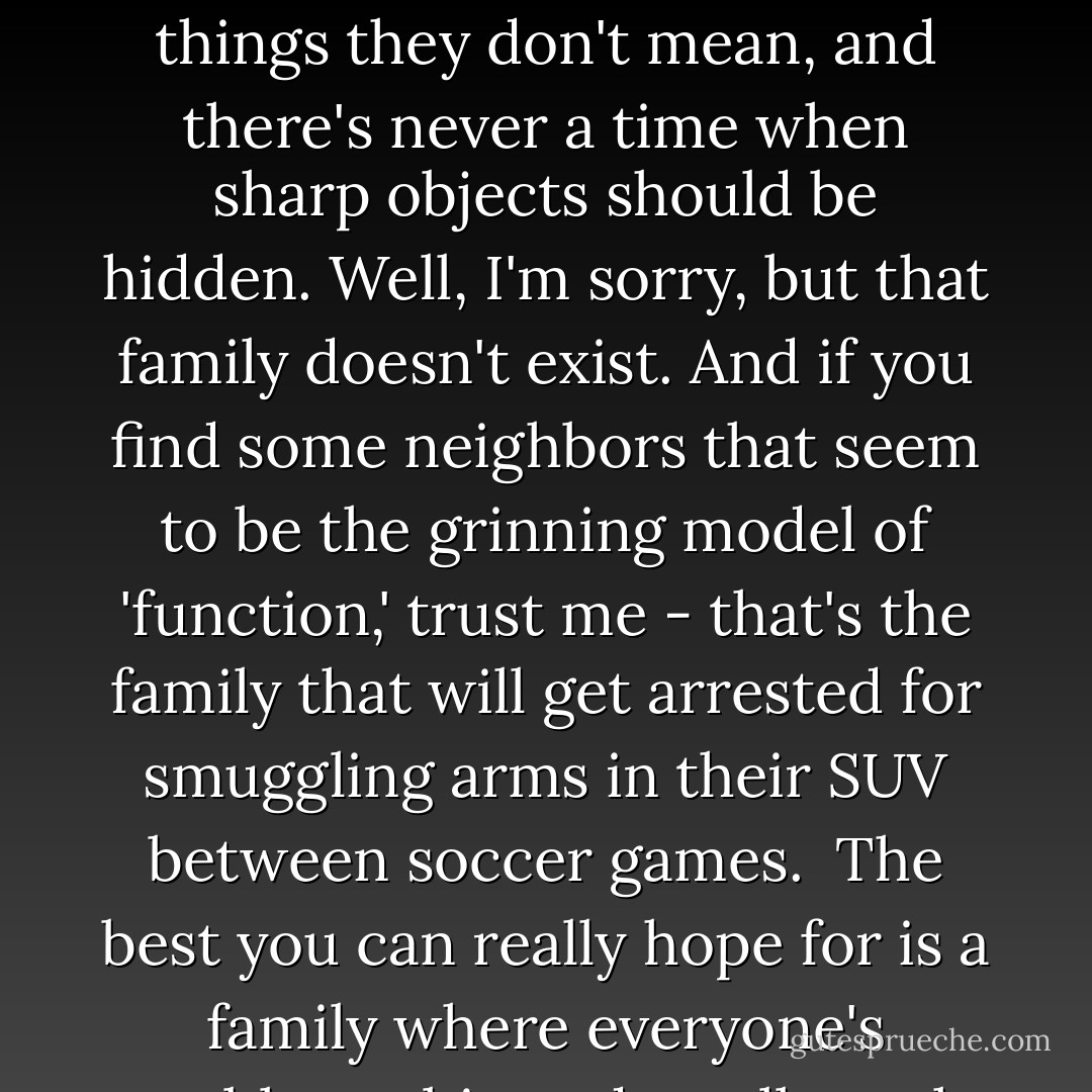 I always hear people talk about 'dysfunctional families.' It annoys me, because it makes you think that somewhere there's this magical family where everyone gets along, and no one ever screams things they don't mean, and there's never a time when sharp objects should be hidden. Well, I'm sorry, but that family doesn't exist. And if you find some neighbors that seem to be the grinning model of 'function,' trust me - that's the family that will get arrested for smuggling arms in their SUV between soccer games.<br /><br />The best you can really hope for is a family where everyone's problems, big and small, work together. Kind of like an orchestra where every instrument is out of tune, in exactly the same way, so you don't really notice. - Neal Shusterman
