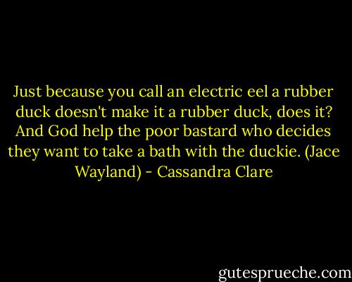 Just because you call an electric eel a rubber duck doesn't make it a rubber duck, does it? And God help the poor bastard who decides they want to take a bath with the duckie. (Jace Wayland) - Cassandra Clare