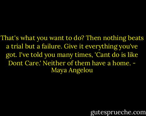 That's what you want to do? Then nothing beats a trial but a failure. Give it everything you've got. I've told you many times, 'Cant do is like Dont Care.' Neither of them have a home. - Maya Angelou