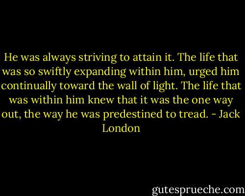He was always striving to attain it. The life that was so swiftly expanding within him, urged him continually toward the wall of light. The life that was within him knew that it was the one way out, the way he was predestined to tread. - Jack London