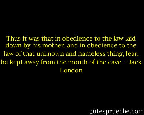Thus it was that in obedience to the law laid down by his mother, and in obedience to the law of that unknown and nameless thing, fear, he kept away from the mouth of the cave. - Jack London