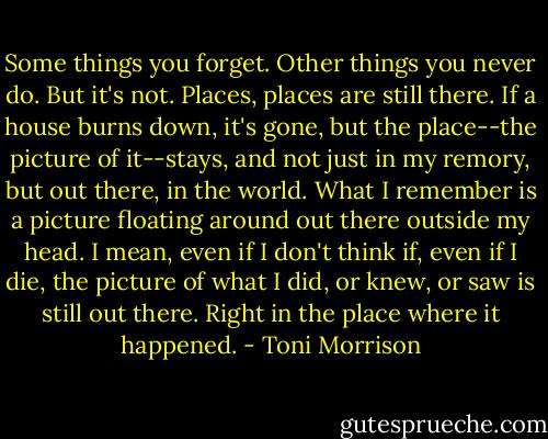 Some things you forget. Other things you never do. But it's not. Places, places are still there. If a house burns down, it's gone, but the place--the picture of it--stays, and not just in my remory, but out there, in the world. What I remember is a picture floating around out there outside my head. I mean, even if I don't think if, even if I die, the picture of what I did, or knew, or saw is still out there. Right in the place where it happened. - Toni Morrison