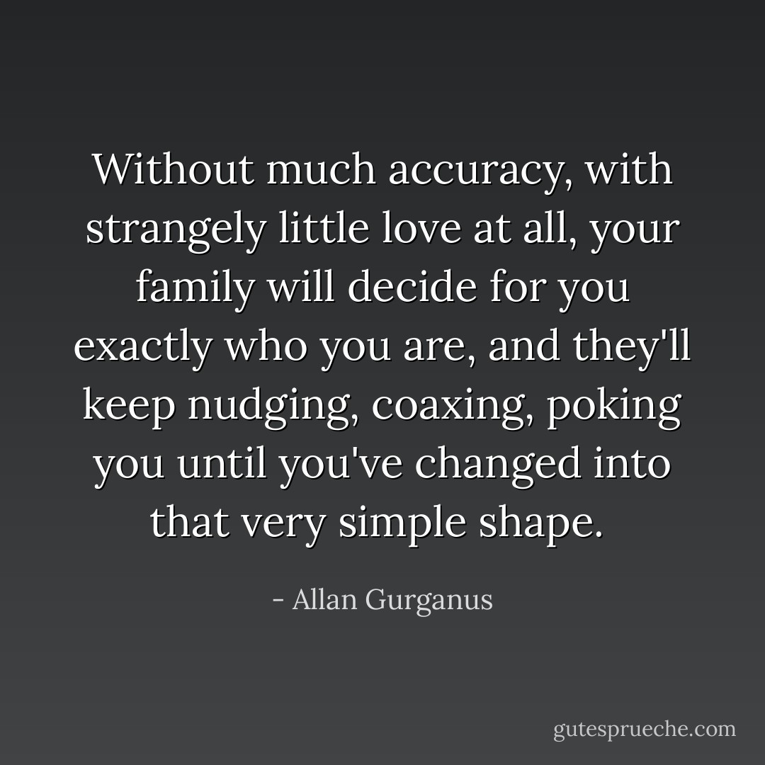 Without much accuracy, with strangely little love at all, your family will decide for you exactly who you are, and they'll keep nudging, coaxing, poking you until you've changed into that very simple shape.  - Allan Gurganus