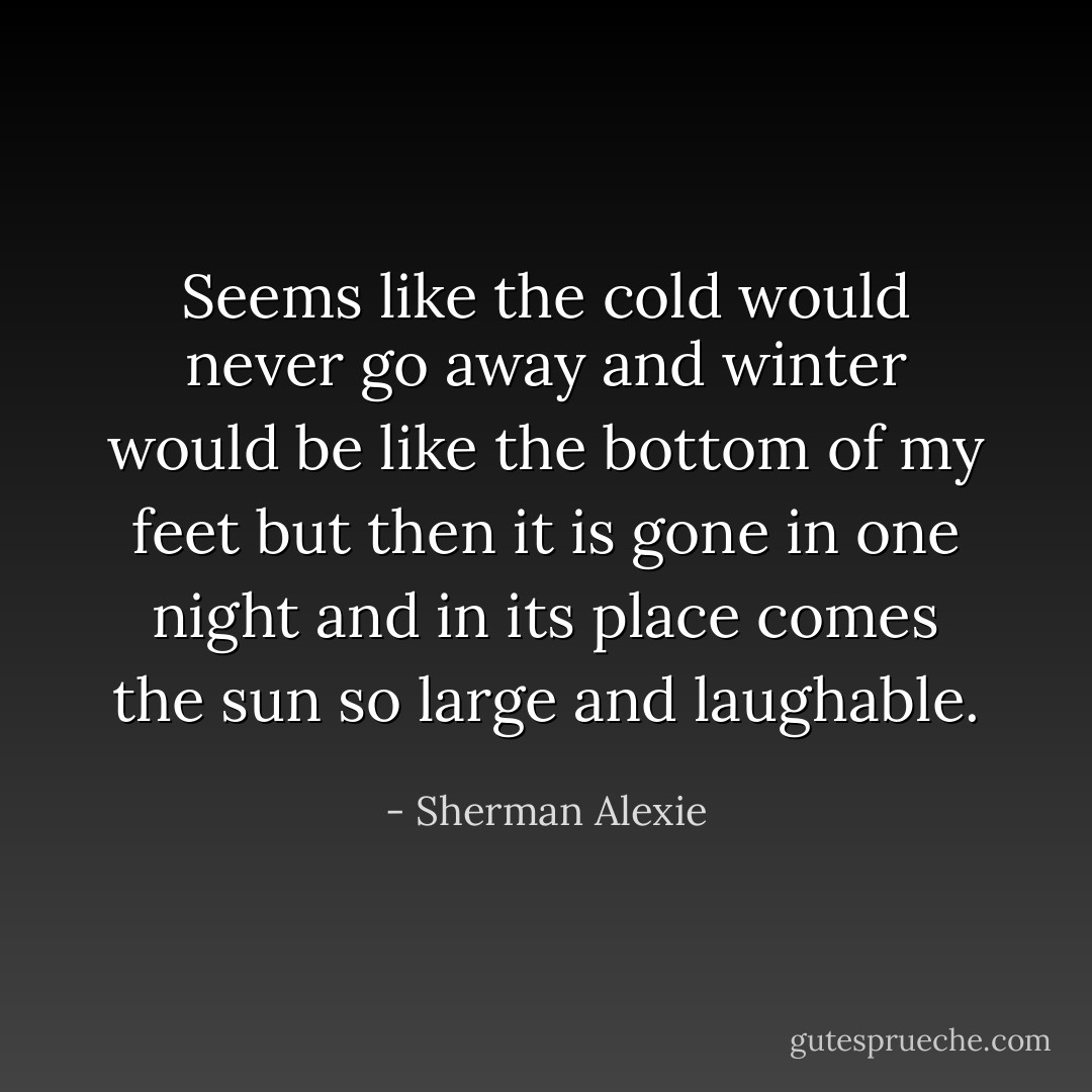 Seems like the cold would never go away and winter would be like the bottom of my feet but then it is gone in one night and in its place comes the sun so large and laughable. - Sherman Alexie