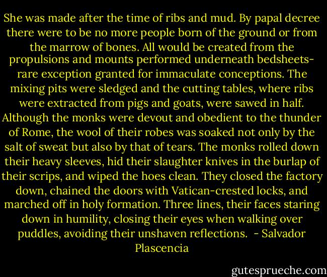 She was made after the time of ribs and mud. By papal decree there were to be no more people born of the ground or from the marrow of bones. All would be created from the propulsions and mounts performed underneath bedsheets- rare exception granted for immaculate conceptions. The mixing pits were sledged and the cutting tables, where ribs were extracted from pigs and goats, were sawed in half. Although the monks were devout and obedient to the thunder of Rome, the wool of their robes was soaked not only by the salt of sweat but also by that of tears. The monks rolled down their heavy sleeves, hid their slaughter knives in the burlap of their scrips, and wiped the hoes clean. They closed the factory down, chained the doors with Vatican-crested locks, and marched off in holy formation. Three lines, their faces staring down in humility, closing their eyes when walking over puddles, avoiding their unshaven reflections.  - Salvador Plascencia