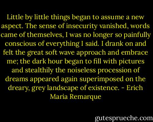Little by little things began to assume a new aspect. The sense of insecurity vanished, words came of themselves, I was no longer so painfully conscious of everything I said. I drank on and felt the great soft wave approach and embrace me; the dark hour began to fill with pictures and stealthily the noiseless procession of dreams appeared again superimposed on the dreary, grey landscape of existence. - Erich Maria Remarque