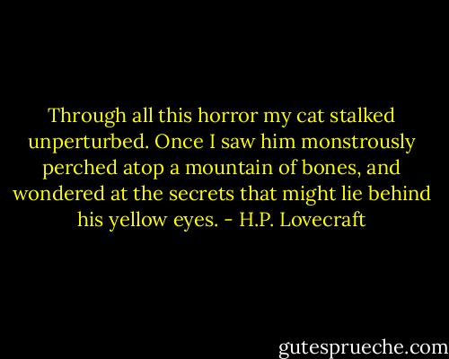 Through all this horror my cat stalked unperturbed. Once I saw him monstrously perched atop a mountain of bones, and wondered at the secrets that might lie behind his yellow eyes. - H.P. Lovecraft