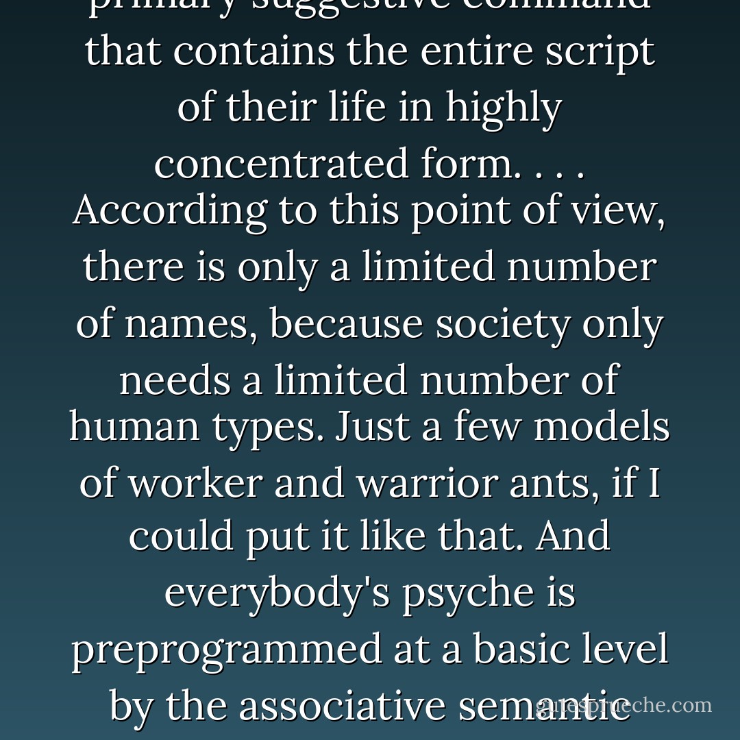 There's a scientific hypothesis that every person's name is a primary suggestive command that contains the entire script of their life in highly concentrated form. . . . According to this point of view, there is only a limited number of names, because society only needs a limited number of human types. Just a few models of worker and warrior ants, if I could put it like that. And everybody's psyche is preprogrammed at a basic level by the associative semantic fields that their first name and surname activate. - Victor Pelevin