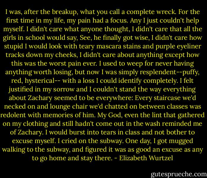 I was, after the breakup, what you call a complete wreck. For the first time in my life, my pain had a focus. Any I just couldn't help myself. I didn't care what anyone thought, I didn't care that all the girls in school would say, See, he finally got wise, I didn't care how stupid I would look with teary mascara stains and purple eyeliner tracks down my cheeks, I didn't care about anything except how this was the worst pain ever. I used to weep for never having anything worth losing, but now I was simply resplendent--puffy, red, hysterical-- with a loss I could identify completely. I felt justified in my sorrow and I couldn't stand the way everything about Zachary seemed to be everywhere: Every staircase we'd necked on and lounge chair we'd chatted on between classes was redolent with memories of him. My God, even the lint that gathered on my clothing and still hadn't come out in the wash reminded me of Zachary. I would burst into tears in class and not bother to excuse myself. I cried on the subway. One day, I got mugged walking to the subway, and figured it was as good an excuse as any to go home and stay there. - Elizabeth Wurtzel
