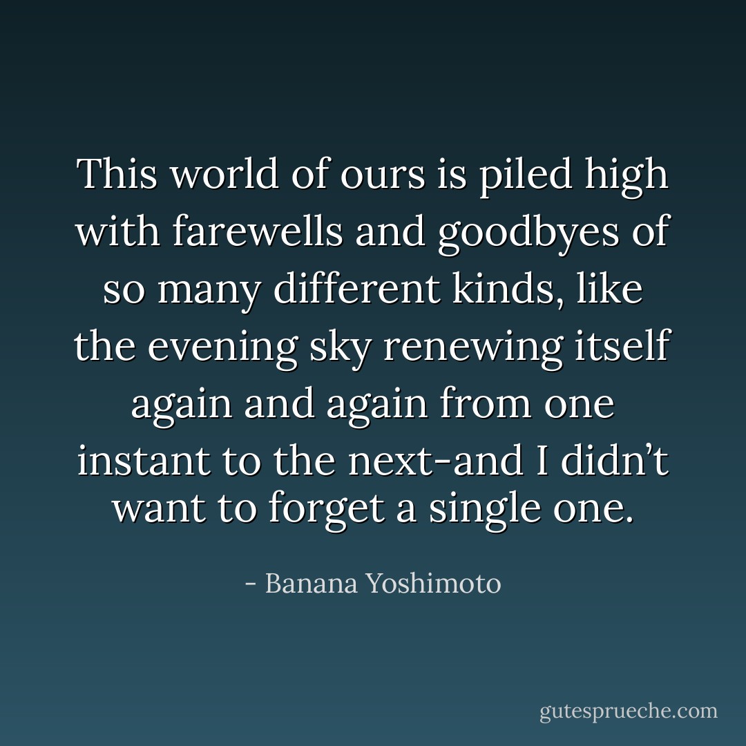 This world of ours is piled high with farewells and goodbyes of so many different kinds, like the evening sky renewing itself again and again from one instant to the next-and I didn’t want to forget a single one. - Banana Yoshimoto