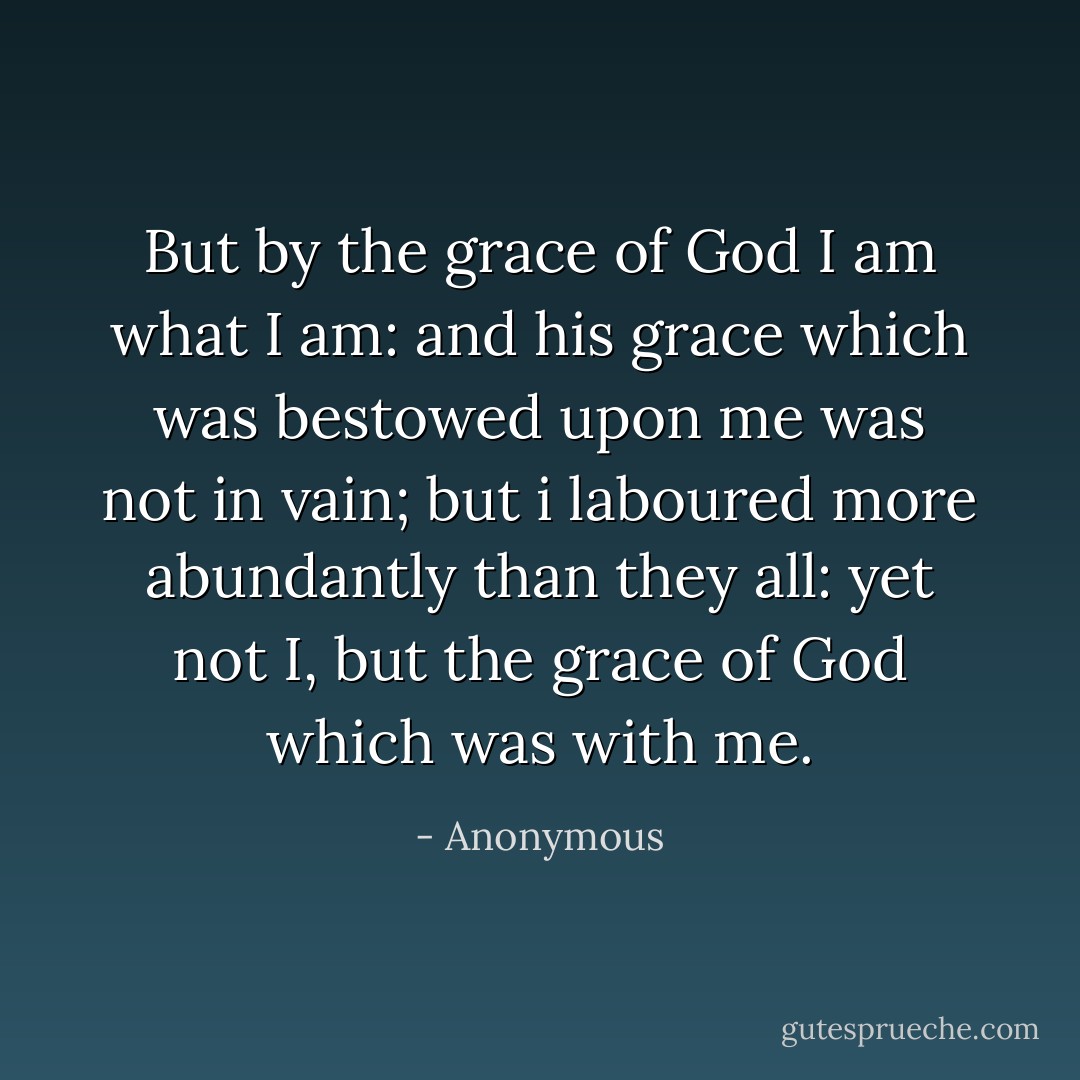 But by the grace of God I am what I am: and his grace which was bestowed upon me was not in vain; but i laboured more abundantly than they all: yet not I, but the grace of God which was with me. - Anonymous