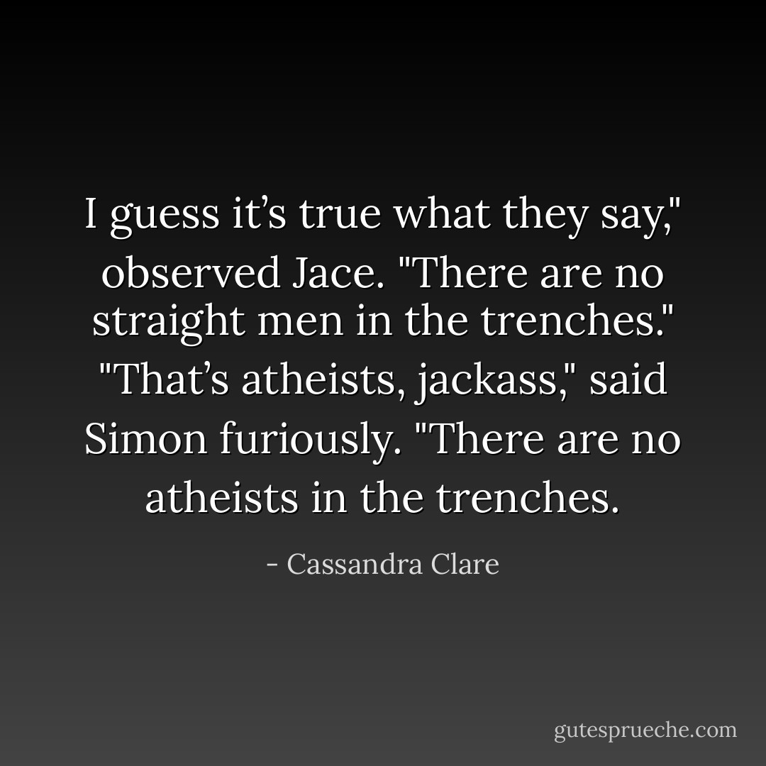 I guess it’s true what they say," observed Jace. "There are no straight men in the trenches."<br />"That’s atheists, jackass," said Simon furiously. "There are no atheists in the trenches. - Cassandra Clare