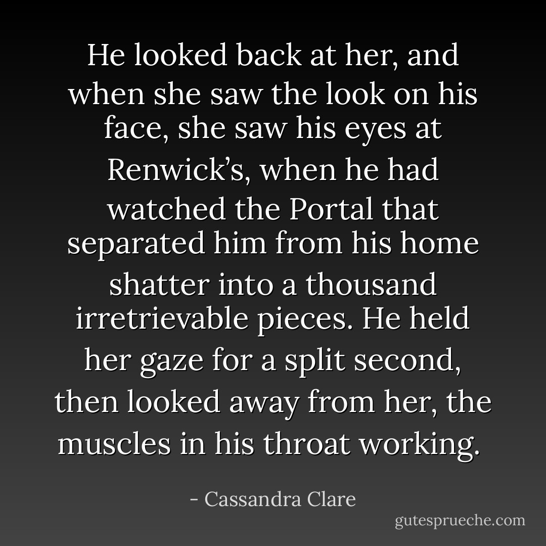 He looked back at her, and when she saw the look on his face, she saw his eyes at Renwick’s, when he had watched the Portal that separated him from his home shatter into a thousand irretrievable pieces. He held her gaze for a split second, then looked away from her, the muscles in his throat working.  - Cassandra Clare