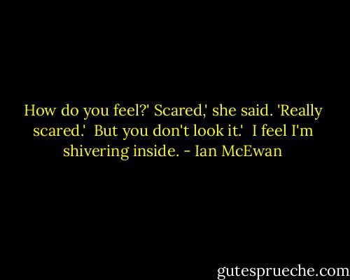 How do you feel?'<br />Scared,' she said. 'Really scared.' <br />But you don't look it.' <br />I feel I'm shivering inside. - Ian McEwan
