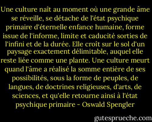 Une culture naît au moment où une grande âme se réveille, se détache de l'état psychique primaire d'éternelle enfance humaine, forme issue de l'informe, limite et caducité sorties de l'infini et de la durée. Elle croît sur le sol d'un paysage exactement délimitable, auquel elle reste liée comme une plante. Une culture meurt quand l'âme a réalisé la somme entière de ses possibilités, sous la forme de peuples, de langues, de doctrines religieuses, d'arts, de sciences, et qu'elle retourne ainsi à l'état psychique primaire - Oswald Spengler
