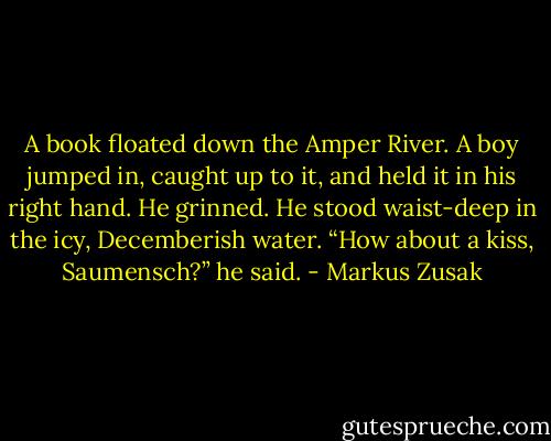 A book floated down the Amper River.<br />A boy jumped in, caught up to it, and held<br />it in his right hand. He grinned. He stood<br />waist-deep in the icy, Decemberish water.<br />“How about a kiss, Saumensch?” he said. - Markus Zusak