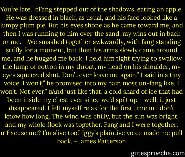 You’re late.”<br />	Fang stepped out of the shadows, eating an apple. He was dressed in black, as usual, and his face looked like a lumpy plum pie. But his eyes shone as he came toward me, and then I was running to him over the sand, my wins out in back or me. <br />	We smashed together awkwardly, with fang standing stiffly for a moment, but then his arms slowly came around me, and he hugged me back. I held him tight trying to swallow the lump of cotton in my throat, my head on his shoulder, my eyes squeezed shut.<br />Don’t ever leave me again,” I said in a tiny voice.<br />I won’t,” he promised into my hair, most un-fang like. I won’t. Not ever.”<br />	And just like that, a cold shard of ice that had been inside my chest ever since we’d spilt up – well, it just disappeared. I felt myself relax for the first time in I don’t know how long. The wind was chilly, but the sun was bright, and my whole flock was together. Fang and I were together.<br />	“Excuse me? I’m alive too.” Iggy’s plaintive voice made me pull back. - James Patterson