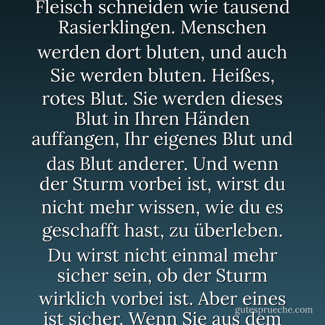 Und Sie müssen wirklich durch diesen heftigen, metaphysischen, symbolischen Sturm hindurchkommen. Wie metaphysisch oder symbolisch er auch sein mag, täuschen Sie sich nicht: Er wird durch das Fleisch schneiden wie tausend Rasierklingen. Menschen werden dort bluten, und auch Sie werden bluten. Heißes, rotes Blut. Sie werden dieses Blut in Ihren Händen auffangen, Ihr eigenes Blut und das Blut anderer. Und wenn der Sturm vorbei ist, wirst du nicht mehr wissen, wie du es geschafft hast, zu überleben. Du wirst nicht einmal mehr sicher sein, ob der Sturm wirklich vorbei ist. Aber eines ist sicher. Wenn Sie aus dem Sturm herauskommen, werden Sie nicht mehr derselbe Mensch sein, der hineingegangen ist. Genau darum geht es in diesem Sturm. - Haruki Murakami<