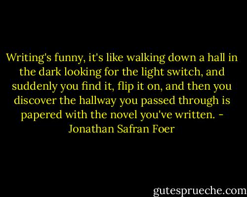Writing's funny, it's like walking down a hall in the dark looking for the light switch, and suddenly you find it, flip it on, and then you discover the hallway you passed through is papered with the novel you've written. - Jonathan Safran Foer