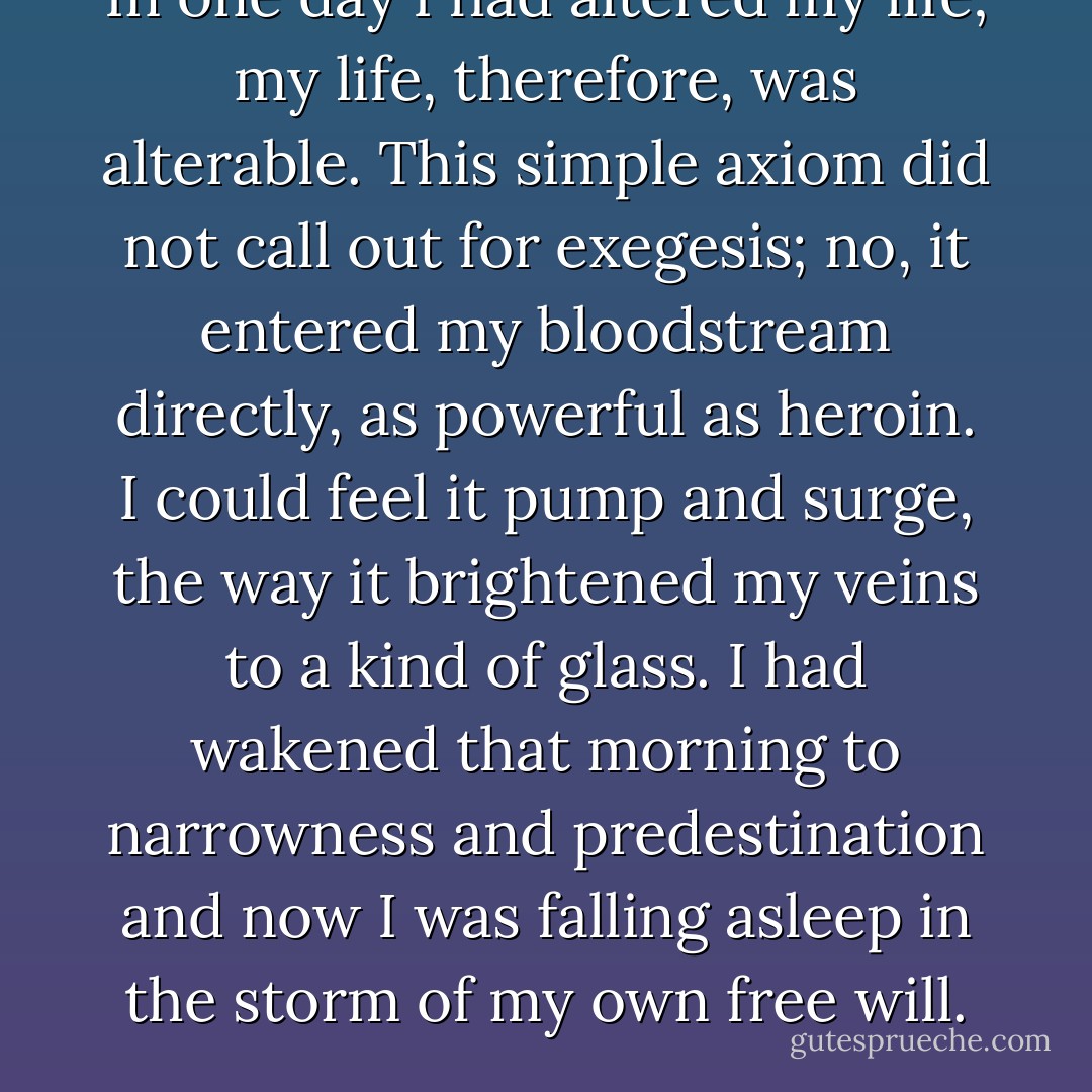 In one day I had altered my life; my life, therefore, was alterable. This simple axiom did not call out for exegesis; no, it entered my bloodstream directly, as powerful as heroin. I could feel it pump and surge, the way it brightened my veins to a kind of glass. I had wakened that morning to narrowness and predestination and now I was falling asleep in the storm of my own free will. - Carol Shields