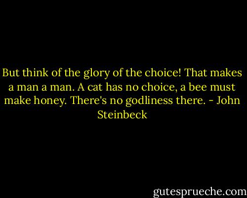 But think of the glory of the choice! That makes a man a man. A cat has no choice, a bee must make honey. There's no godliness there. - John Steinbeck
