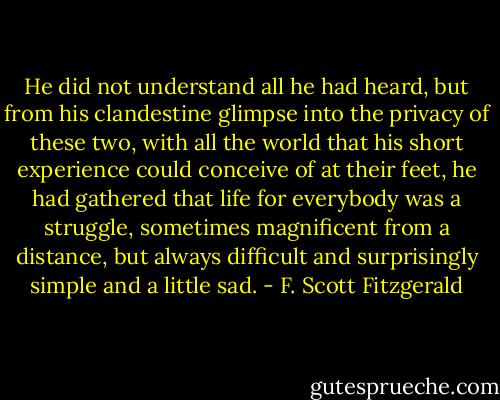 He did not understand all he had heard, but from his clandestine glimpse into the privacy of these two, with all the world that his short experience could conceive of at their feet, he had gathered that life for everybody was a struggle, sometimes magnificent from a distance, but always difficult and surprisingly simple and a little sad. - F. Scott Fitzgerald