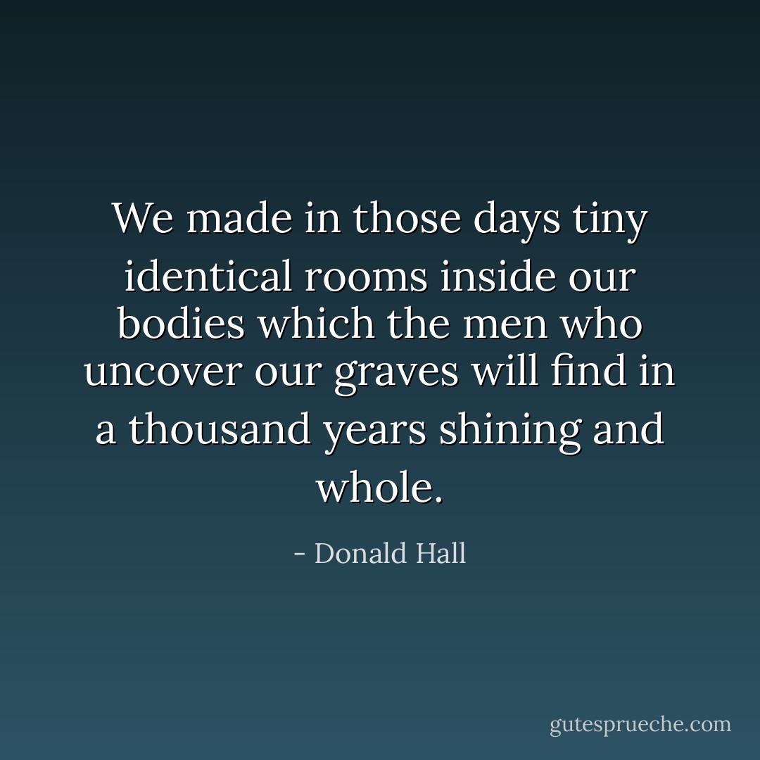 We made in those days tiny identical rooms inside our bodies which the men who uncover our graves will find in a thousand years shining and whole. - Donald Hall