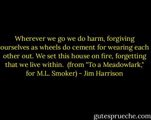 Wherever we go we do harm, forgiving<br />ourselves as wheels do cement for wearing<br />each other out. We set this house<br />on fire, forgetting that we live within.<br /><br />(from "To a Meadowlark," for M.L. Smoker) - Jim Harrison
