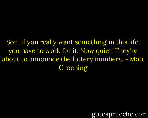 Son, if you really want something in this life, you have to work for it. Now quiet! They're about to announce the lottery numbers. - Matt Groening