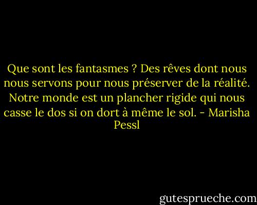 Que sont les fantasmes ? Des rêves dont nous nous servons pour nous préserver de la réalité. Notre monde est un plancher rigide qui nous casse le dos si on dort à même le sol. - Marisha Pessl