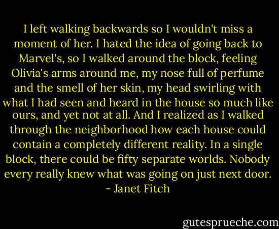 I left walking backwards so I wouldn't miss a moment of her. I hated the idea of going back to Marvel's, so I walked around the block, feeling Olivia's arms around me, my nose full of perfume and the smell of her skin, my head swirling with what I had seen and heard in the house so much like ours, and yet not at all. And I realized as I walked through the neighborhood how each house could contain a completely different reality. In a single block, there could be fifty separate worlds. Nobody every really knew what was going on just next door. - Janet Fitch