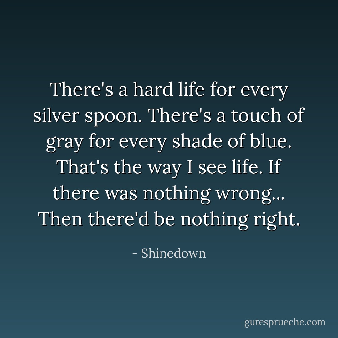 There's a hard life for every silver spoon.<br />There's a touch of gray for every shade of blue.<br />That's the way I see life.<br />If there was nothing wrong...<br />Then there'd be nothing right. - Shinedown