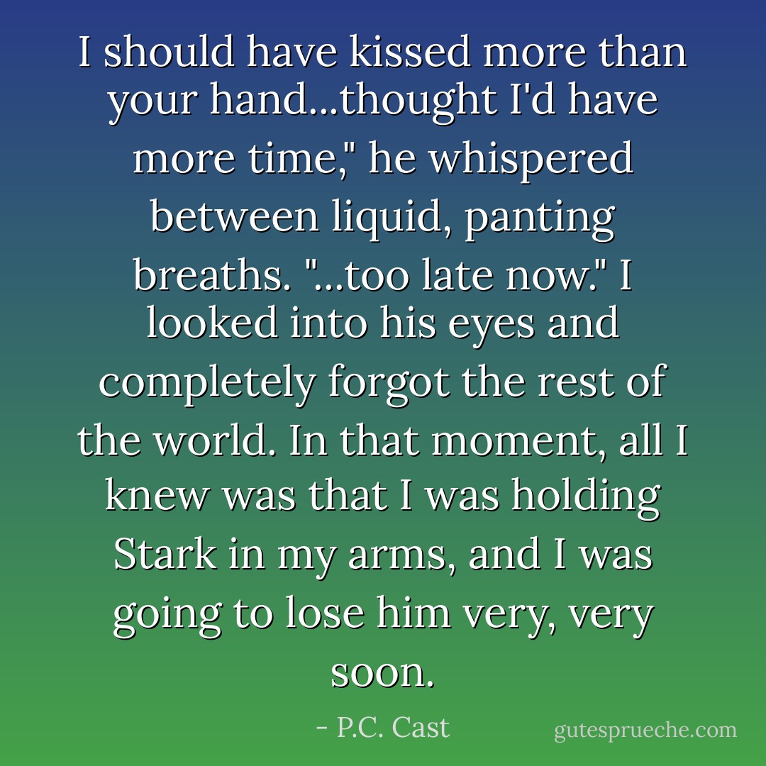I should have kissed more than your hand...thought I'd have more time," he whispered between liquid, panting breaths. "...too late now."<br />I looked into his eyes and completely forgot the rest of the world. In that moment, all I knew was that I was holding Stark in my arms, and I was going to lose him very, very soon. - P.C. Cast